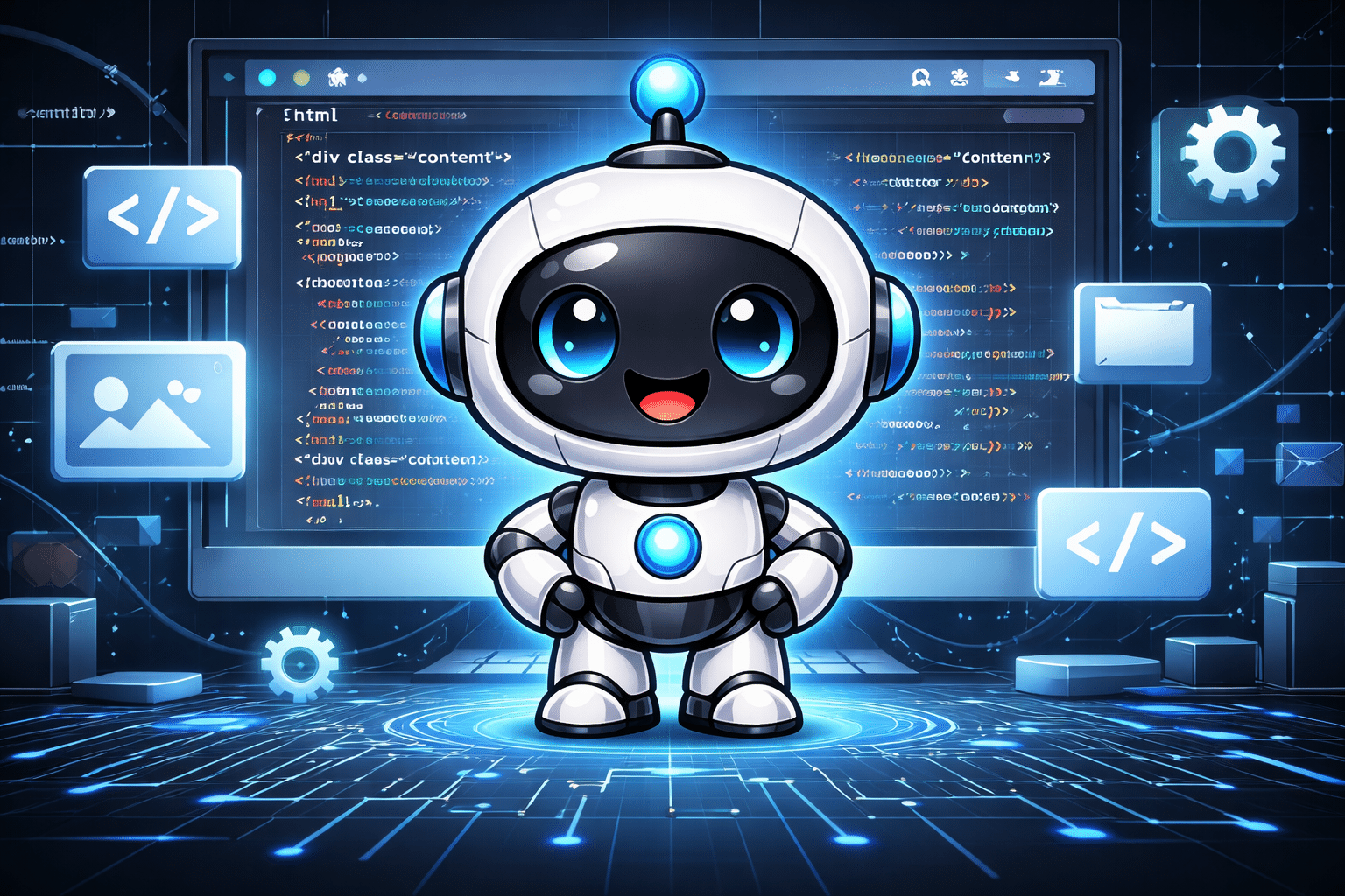 image de remplissage avec le robot du logo avec le texte Développeur Freelance Tours